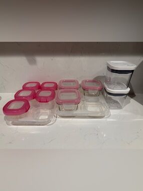 Oxo Plastic Food Storage Containers with Pink and White Lids